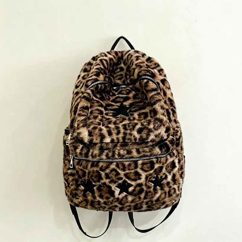 sac à dos moelleux imprimé léopard pour femmes, sac de voyage mignon et doux, sac à bandoulière décontracté à plusieurs poches, sac d'école de grande capacité