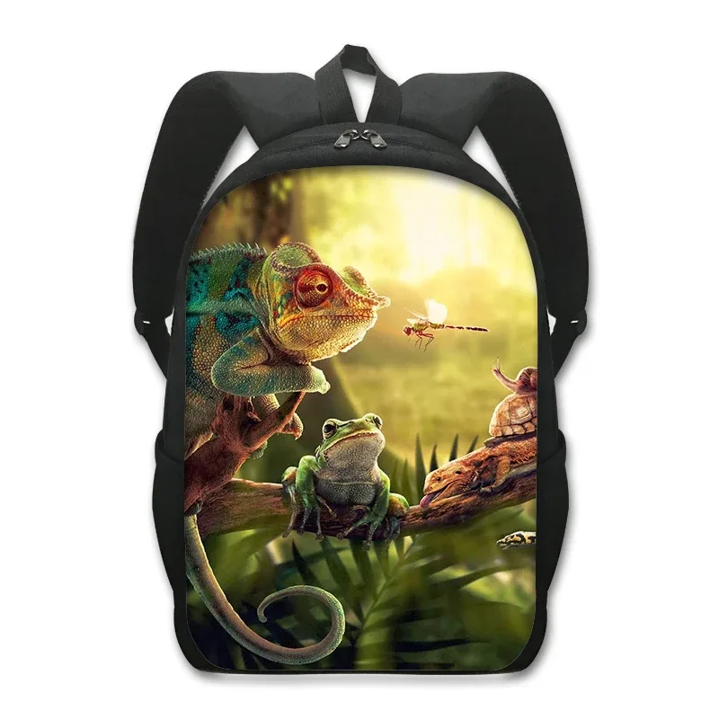 sac à dos imprimé animal de compagnie de 16 pouces pour femme et enfant, fourre-tout d'école, de voyage, avec grenouille, caméléon, serpent, araignée, livre, cadeau