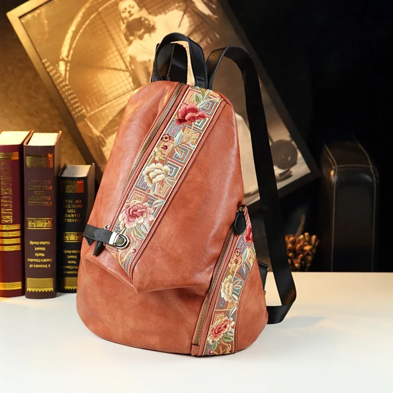 sac à dos rétro en cuir véritable pour femmes, design brodé, pour voyage, anti-vol, tendance