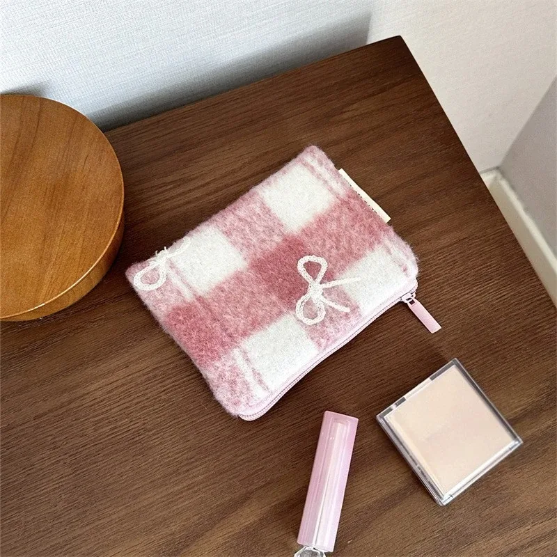 sac de maquillage à carreaux doux pour la saint-valentin, nouvel an, organisateur d'arc en tweed, trousse de toilette de grande capacité, pochette de transport à main portable