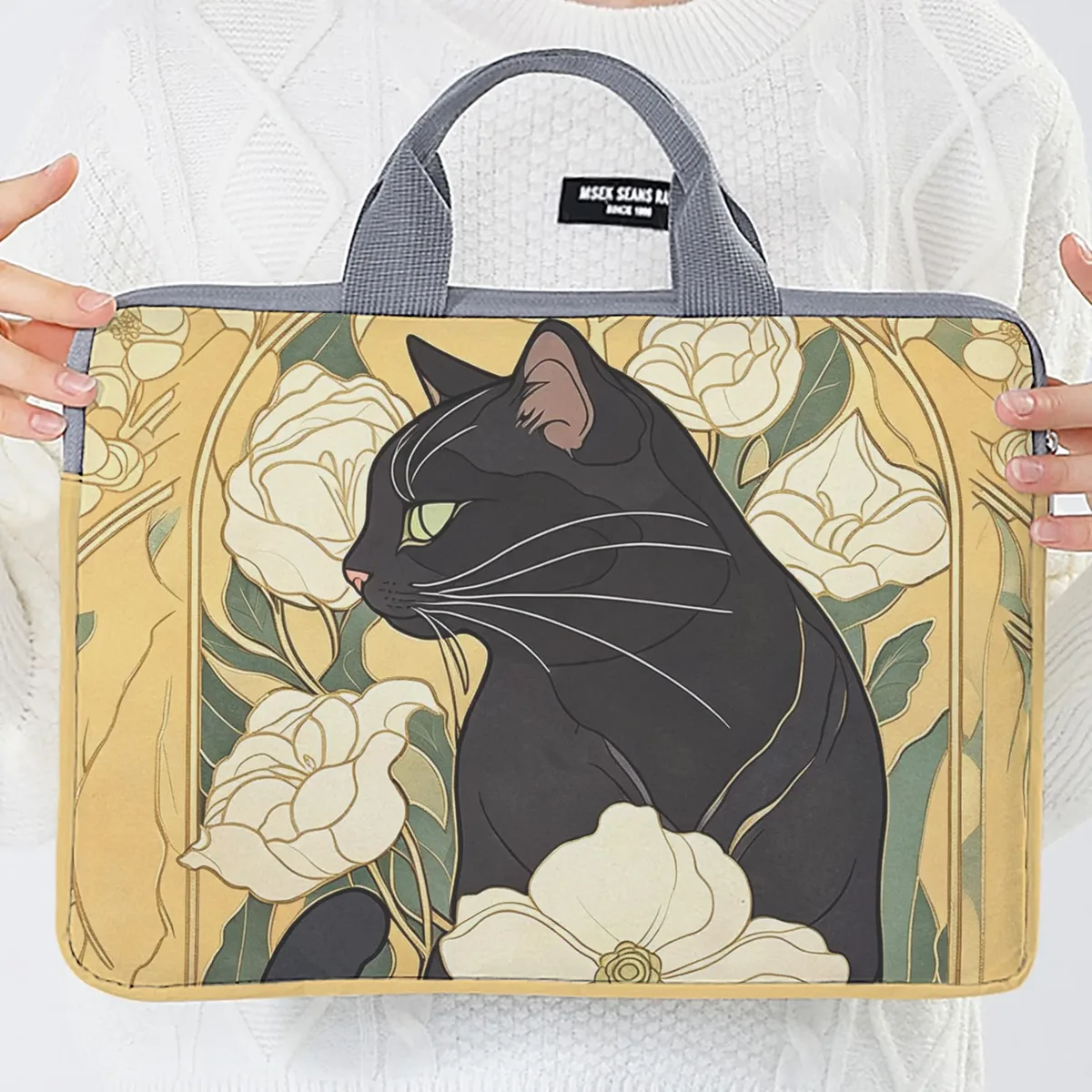 housse ordinateur portable impression chat noir fleurs polyester protection voyage travailler transport document travail