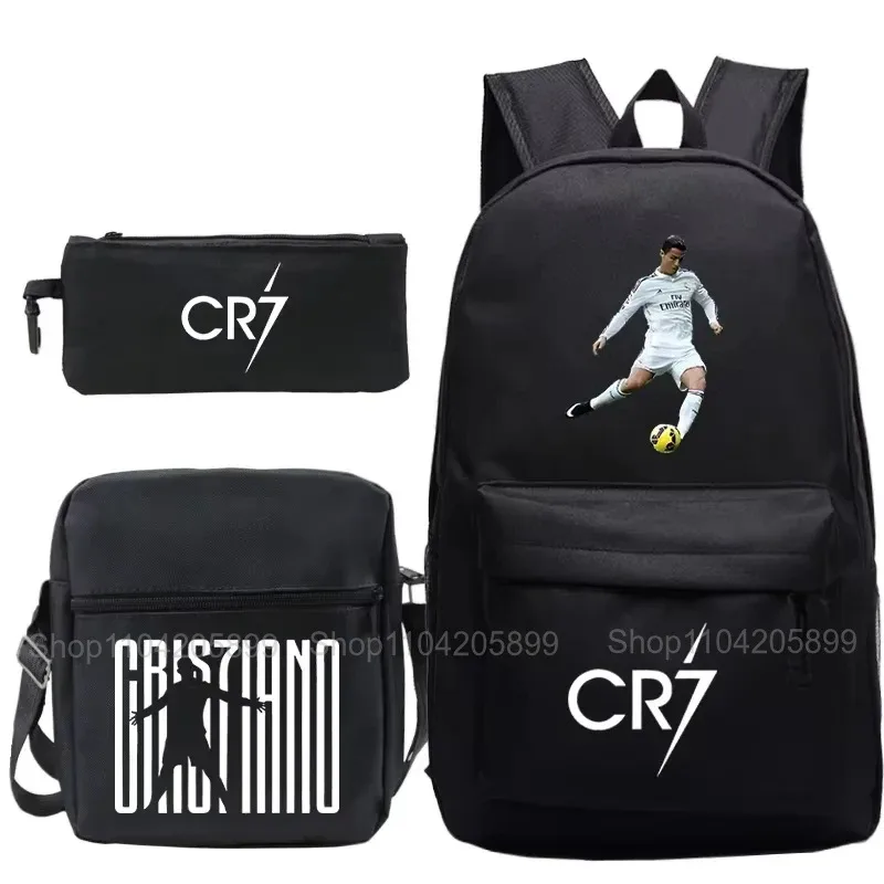 sacs à dos cr7 ronaldo pour garçons et filles, 3 pièces, sacs d'école, sac à bandoulière, trousse à crayons, capacité pour ordinateur portable, sac à dos de voyage quotidien, cadeau