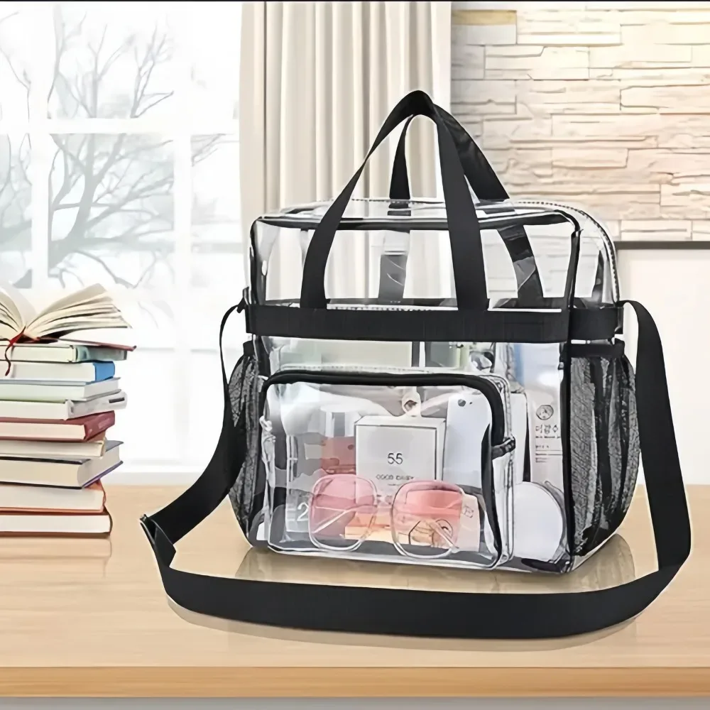 sac fourre-tout transparent en plastique robuste, bandoulière avec poches zippées, passe la sécurité des stades, livraison rapide, pour femmes, travail, concerts