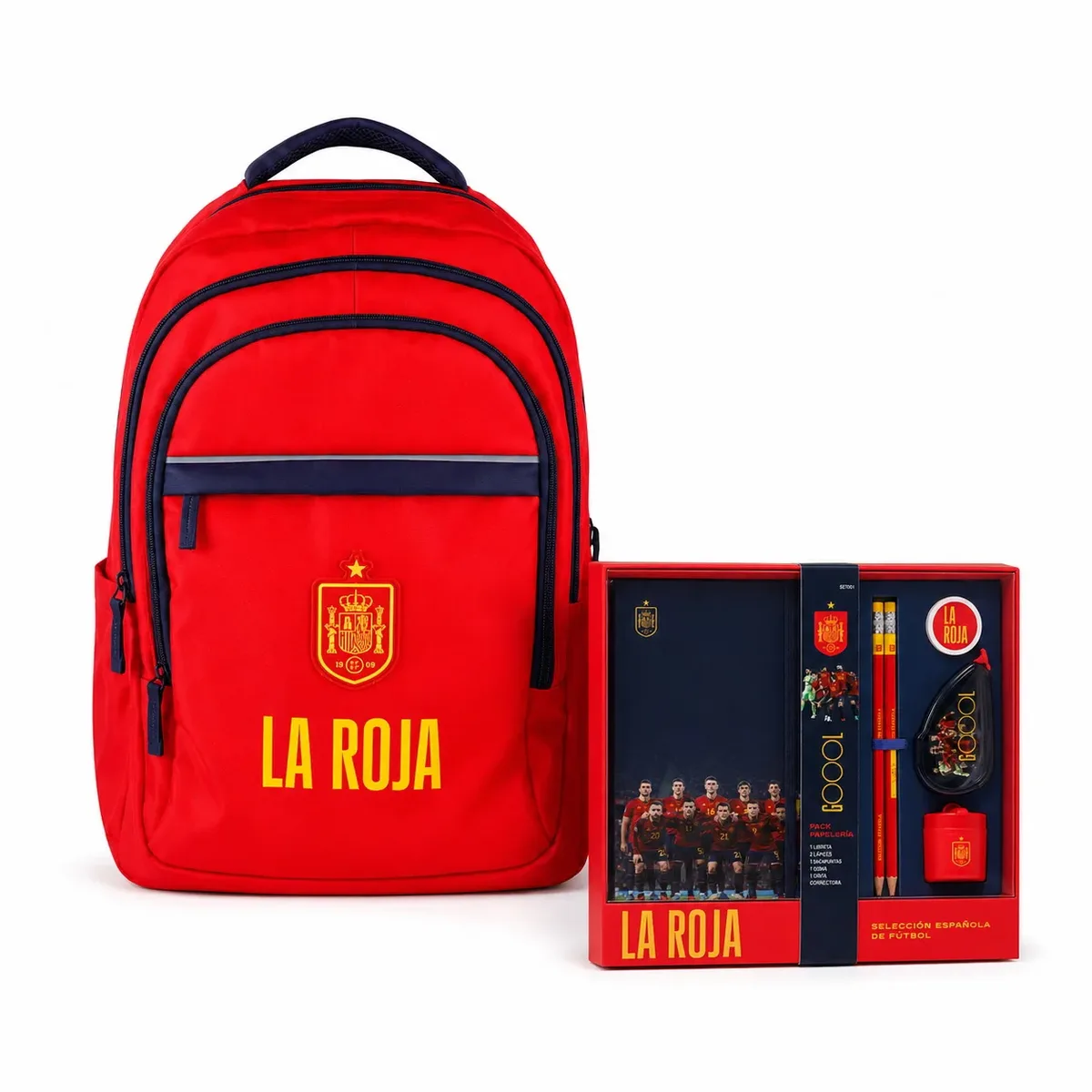 sac à dos scolaire la roja de l'équipe nationale de football espagnole "la roja", produit officiel sous licence. sac à dos de football de l'équipe nationale 43x30x18cm rouge et bleu marine avec compartiments.