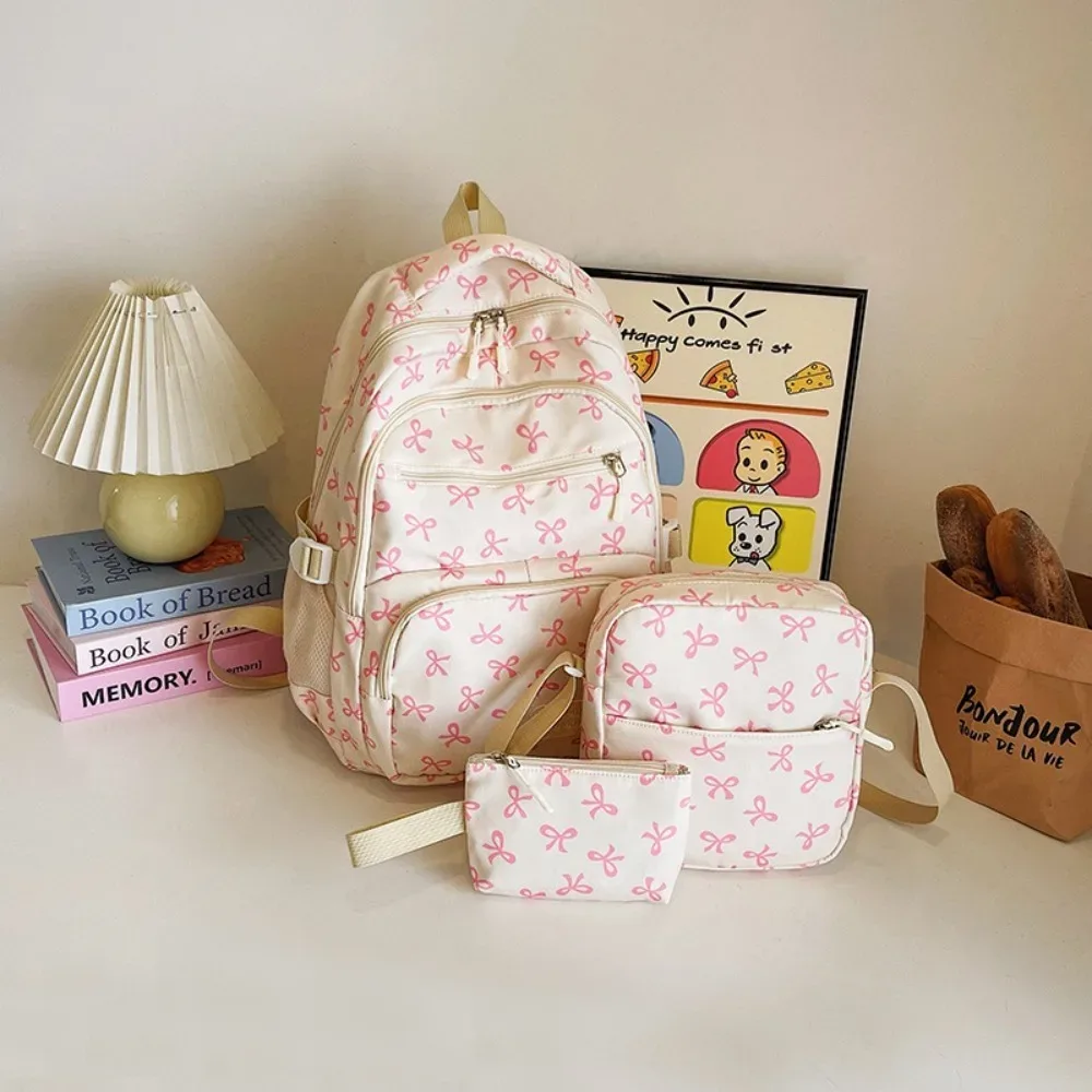lot de 3 sacs à dos mignons grande capacité avec nœud, en nylon, à bretelles réglables, pour étudiants, imprimé nœud, sac à dos de voyage