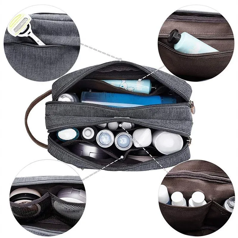 sac à cosmétiques en toile décontracté avec poignée en cuir, sac de voyage pour hommes, lavage, rasage, femmes, rangement de toilette, sac de rangement étanche