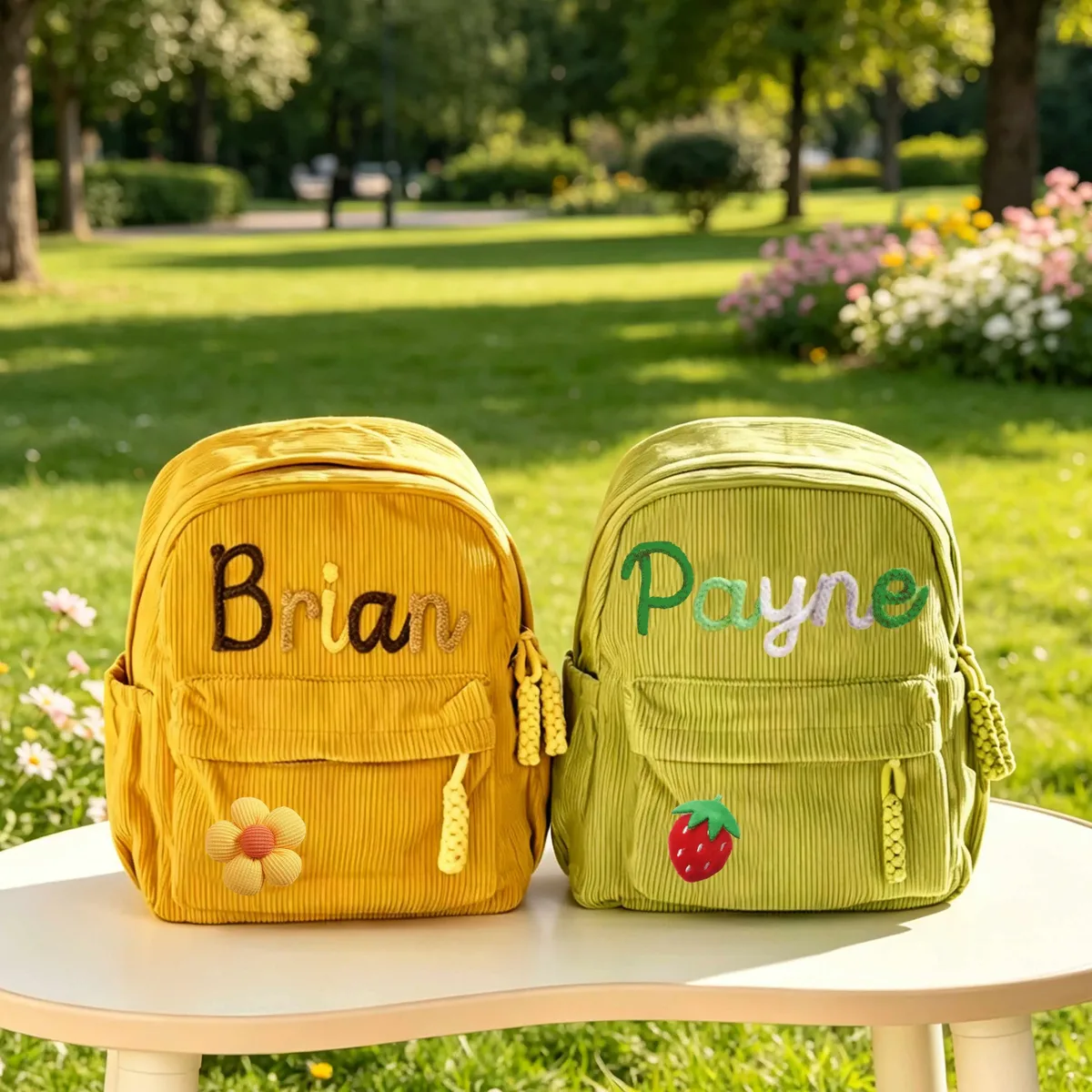 sac à dos en velours côtelé personnalisé 1 pièce, lettres brodées à la main, décorations florales/animales, cadeau idéal.