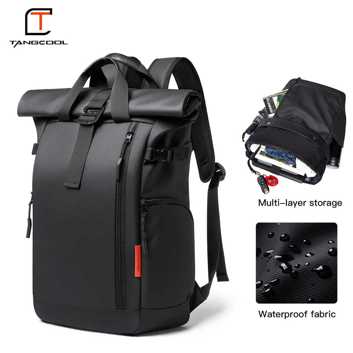 tangcool nouveau sac à dos étanche pour ordinateur portable à fermeture roll-top, extensible, grande capacité, pour voyage, décontracté, affaires, trajets quotidiens, sac à bandoulière