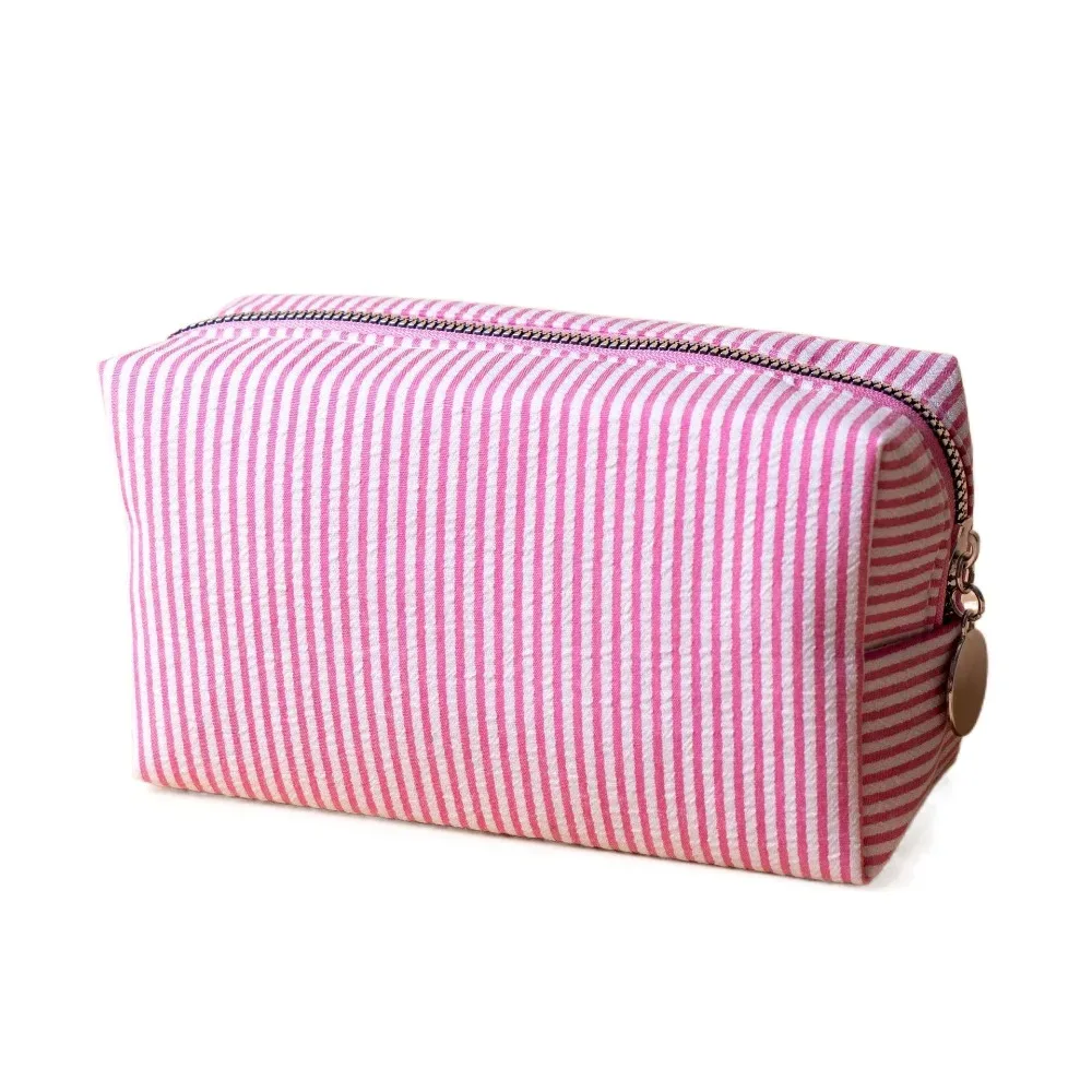 sac de maquillage rayé mignon, fermeture à glissière, pochette de toilette en tissu seersucker souple, trousse à crayons polyvalente de grande capacité, usage quotidien