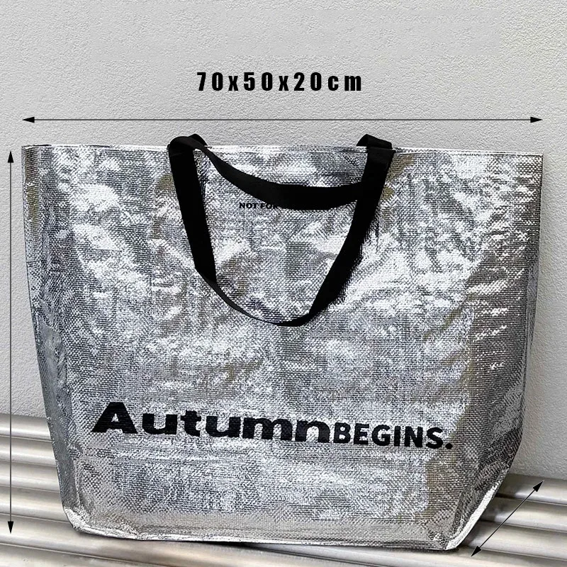 sac de courses réutilisable extra large, imperméable, en tissu tissé, pour épicerie, lessive, plage, rangement, sac à bandoulière pliable pour femme, couleur argent