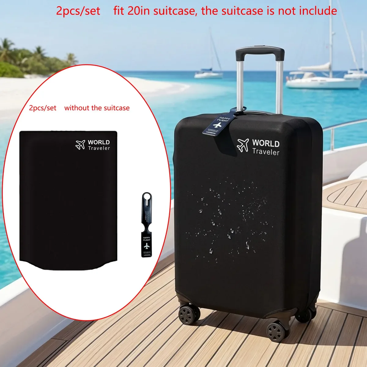 housse valise protection tissu non tissé noire logo avion étiquette bagage texte happy flight identification voyage