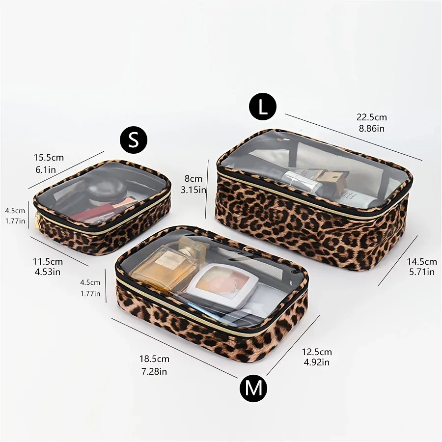 trousse de maquillage transparente à imprimé léopard, trousse cosmétique étanche de grande capacité pour voyage avec fermeture éclair