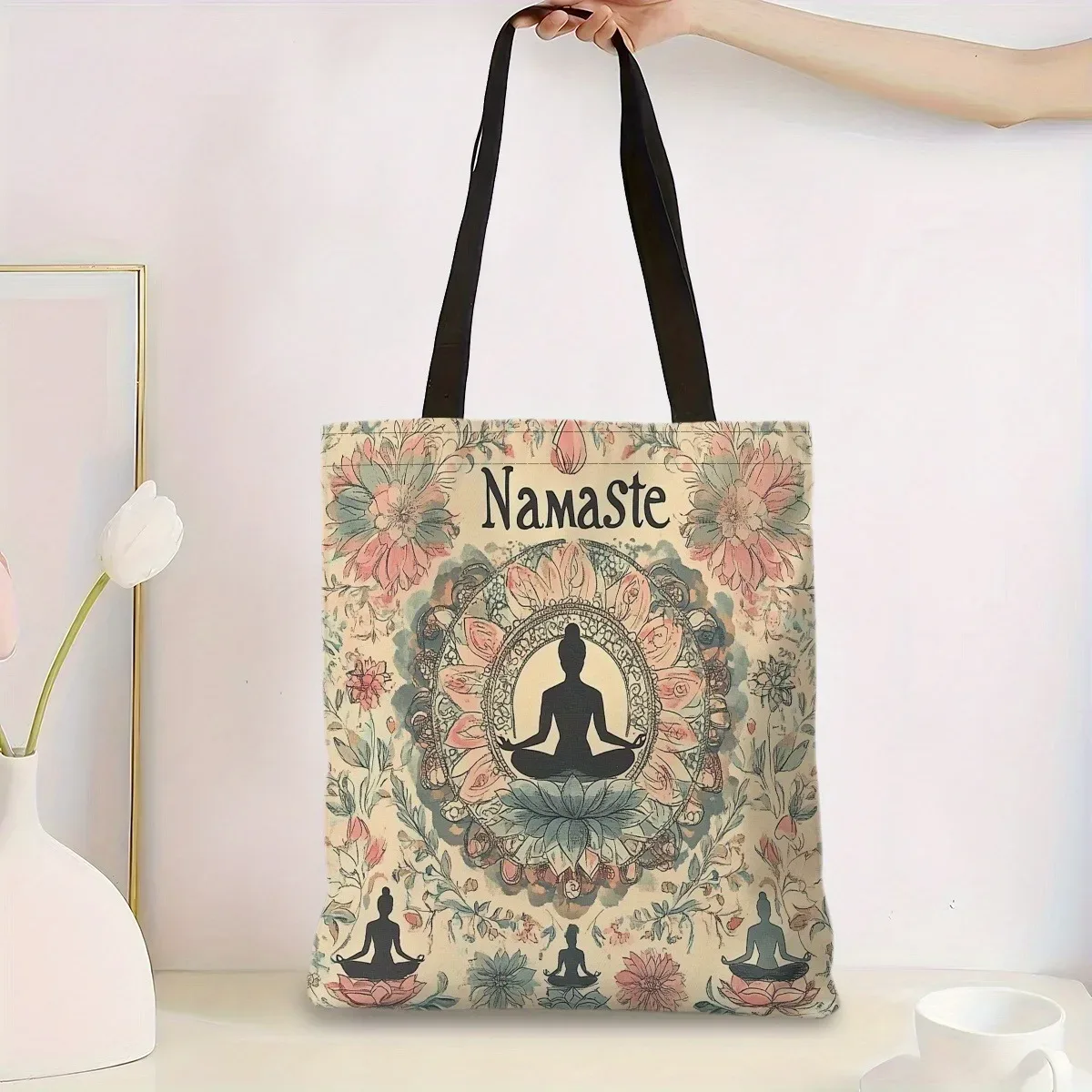 sac fourre-tout élégant pour femme avec imprimé silhouette zen, spacieux et décontracté, idéal pour les cours de yoga, sac à bandoulière
