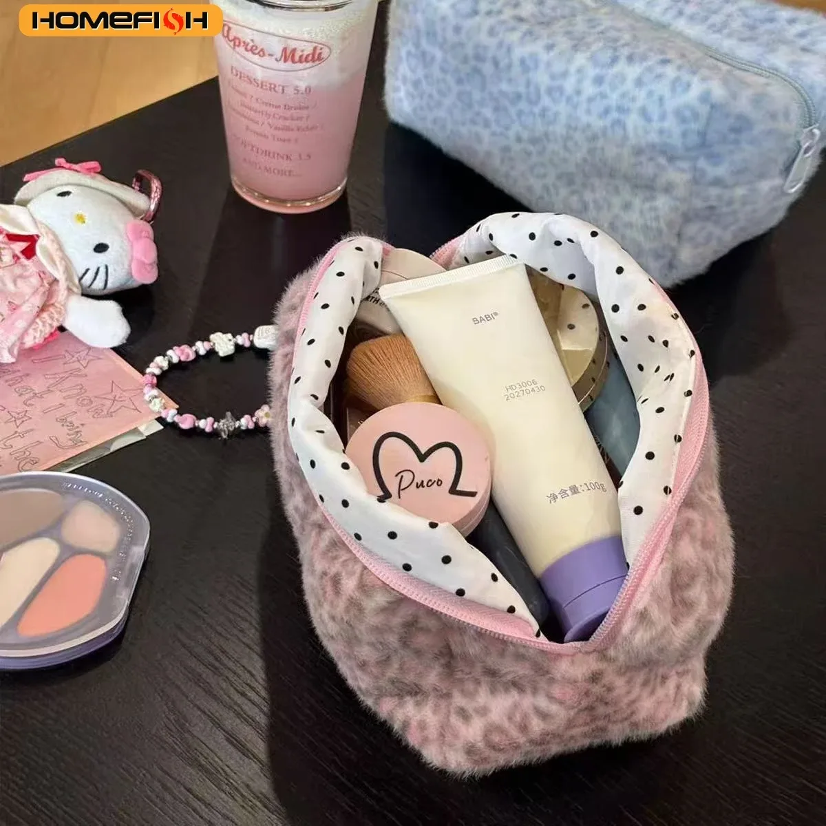 homefish trousse de maquillage durable et douce, grande capacité, imprimé léopard, organisateur de toilette portable, sac cosmétique de voyage pour filles
