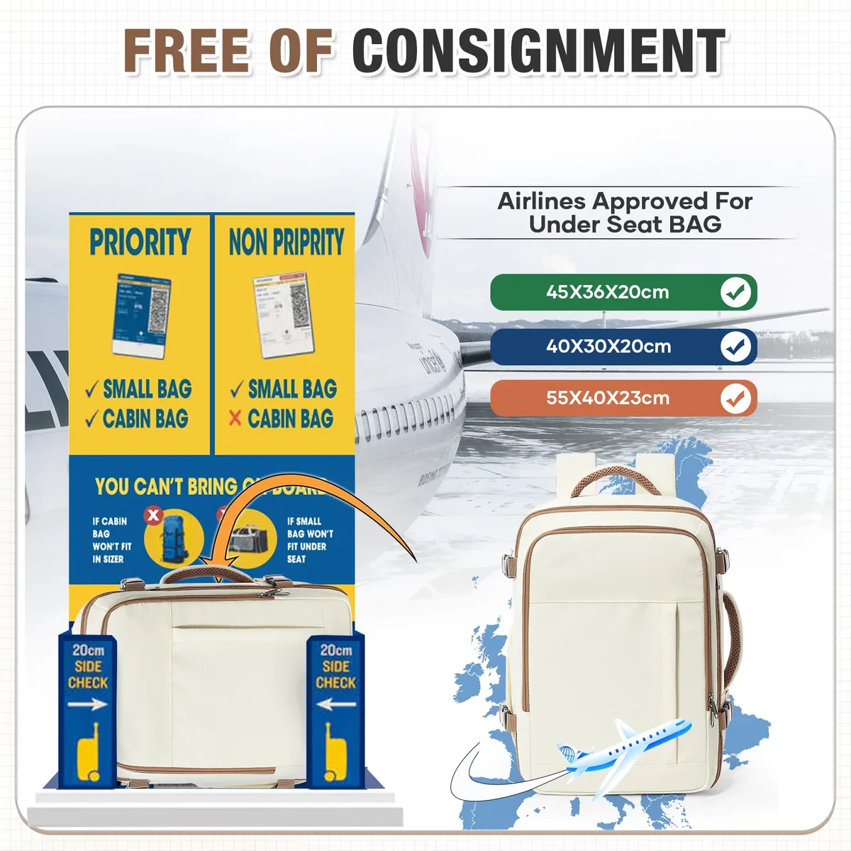 ryanair sac de cabine 40x30x20 cm sac à dos de voyage sous le siège, sac à dos de randonnée en plein air pour hommes avec sac sous vide séparé + scelleuse sous vide