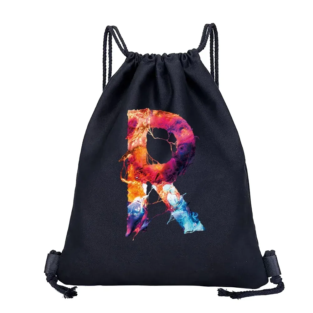 sac dos lin noir motif multicolore compact pliable cordon serrage poignées souple grande capacité sports plein air harajuku polyvalent