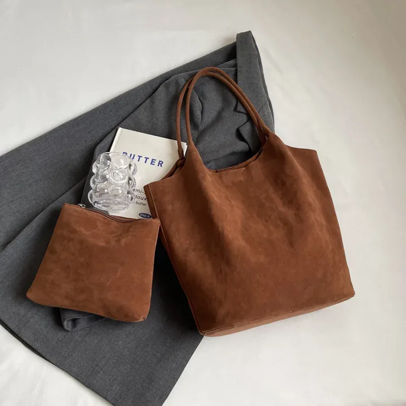sac à bandoulière rétro en daim pour femmes, nouvelles couleurs unies, fourre-tout décontracté de grande capacité, fermeture éclair, fil à coudre polyvalent pour l'artisanat