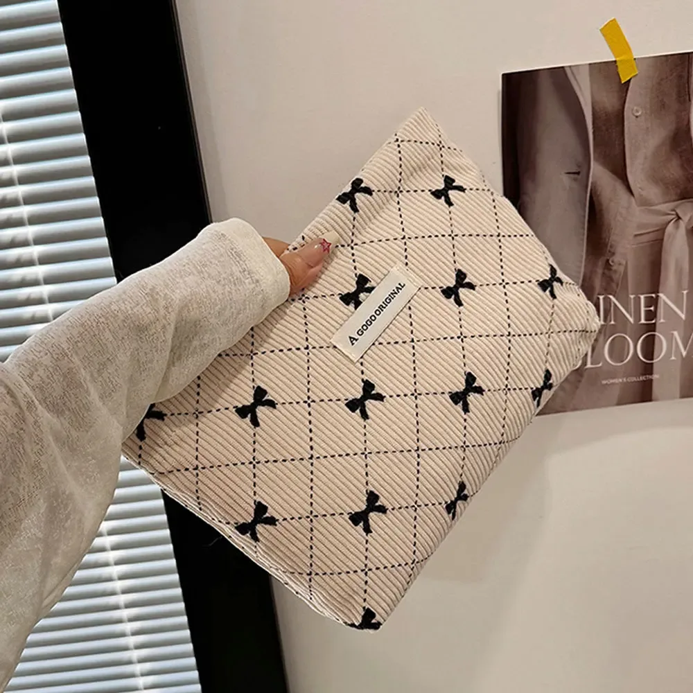 sac de maquillage en velours côtelé avec nœud papillon, sac de rangement portable pour soins de la peau, trousse de toilette