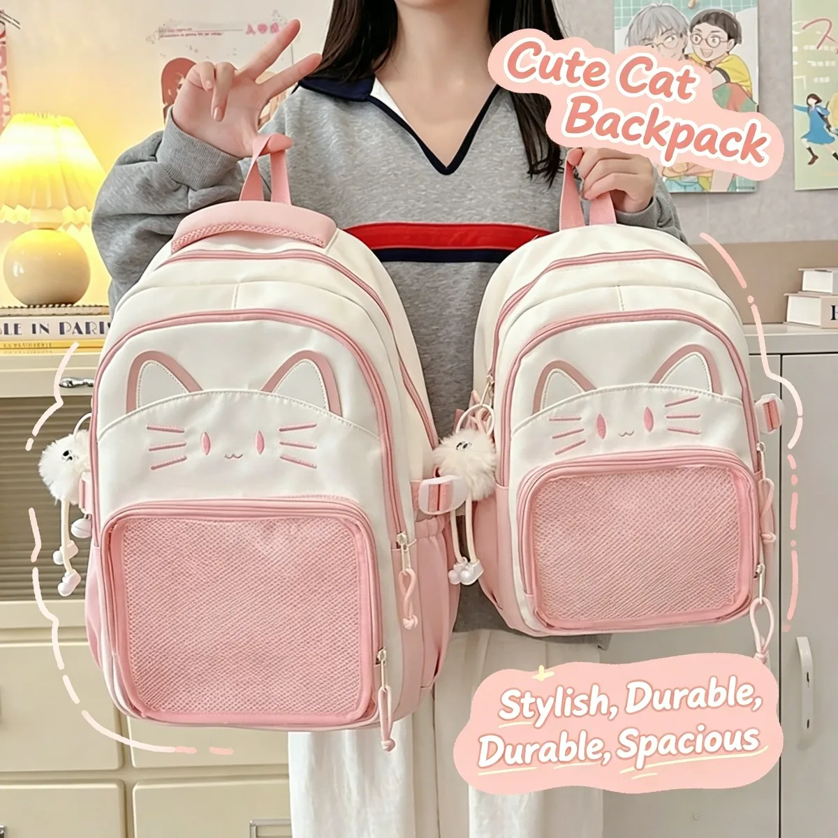 sac à dos imprimé chat kawaii pour adolescentes, sac d'école imperméable de grande capacité, sac à dos de voyage mignon de couleur contrastée avec pendentif en peluche