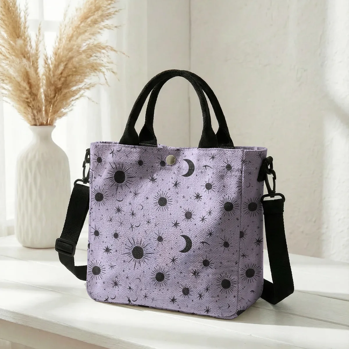 sac fourre-tout violet imprimé soleil, lune et étoiles, avec bandoulière amovible, sac à main pour femme, pour les courses quotidiennes