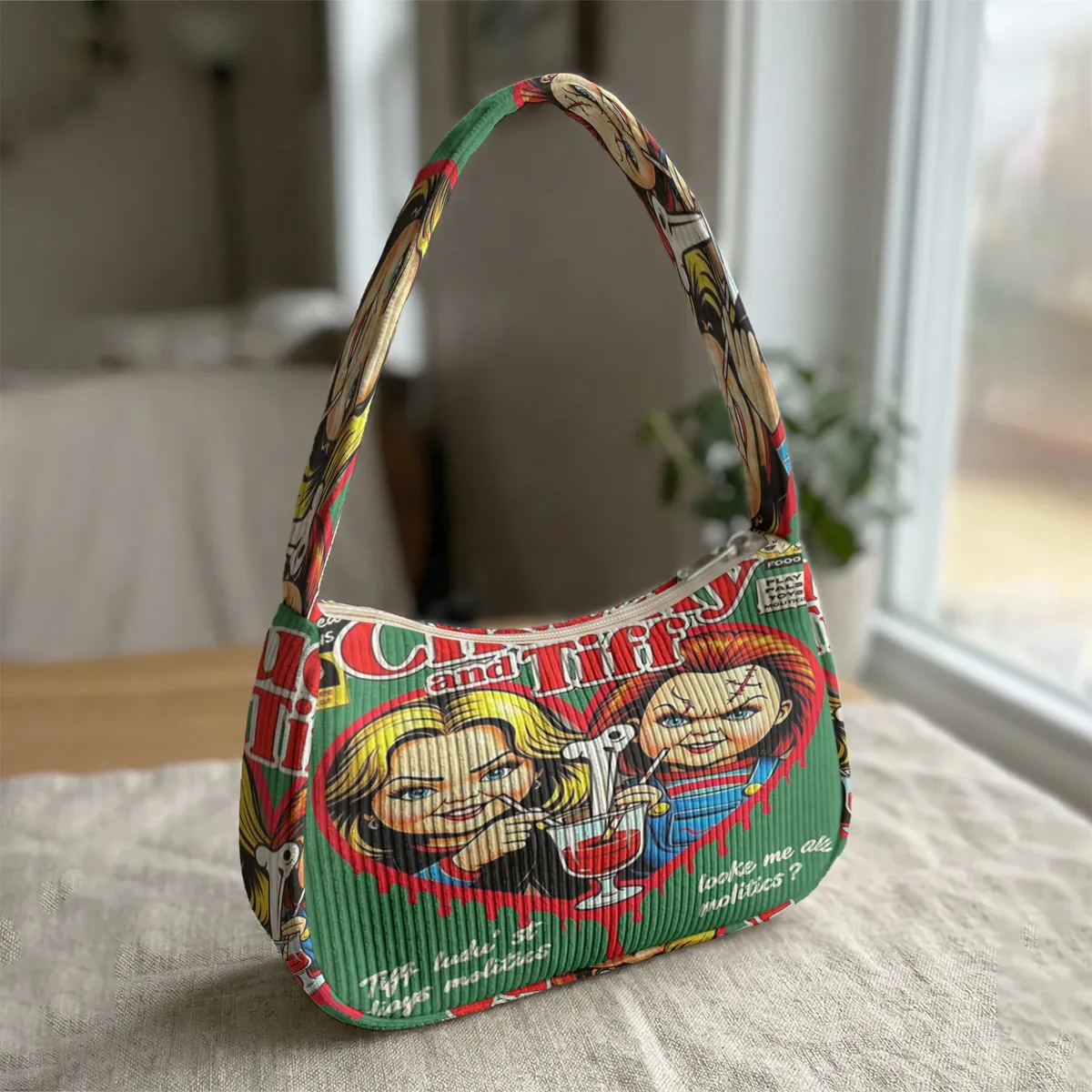 sac à bandoulière tendance imprimé chucky & tiffany, sac sous le bras en velours côtelé pour un usage quotidien décontracté
