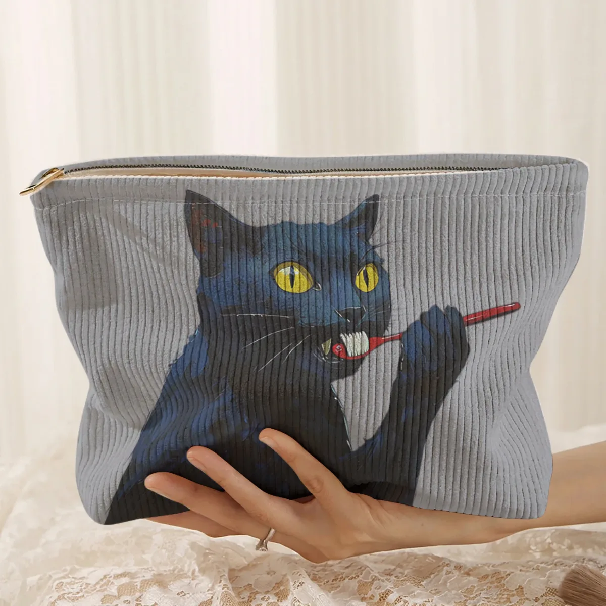 1 pièce, trousse de maquillage en velours côtelé à motif de chat noir, boîte de rangement légère à fermeture éclair, sac multifonctionnel avec doublure