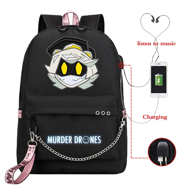 sac dos toile dessin animé personnages colorés logo murder drones chaîne métallique câble usb voyage capacité 20 35 litres