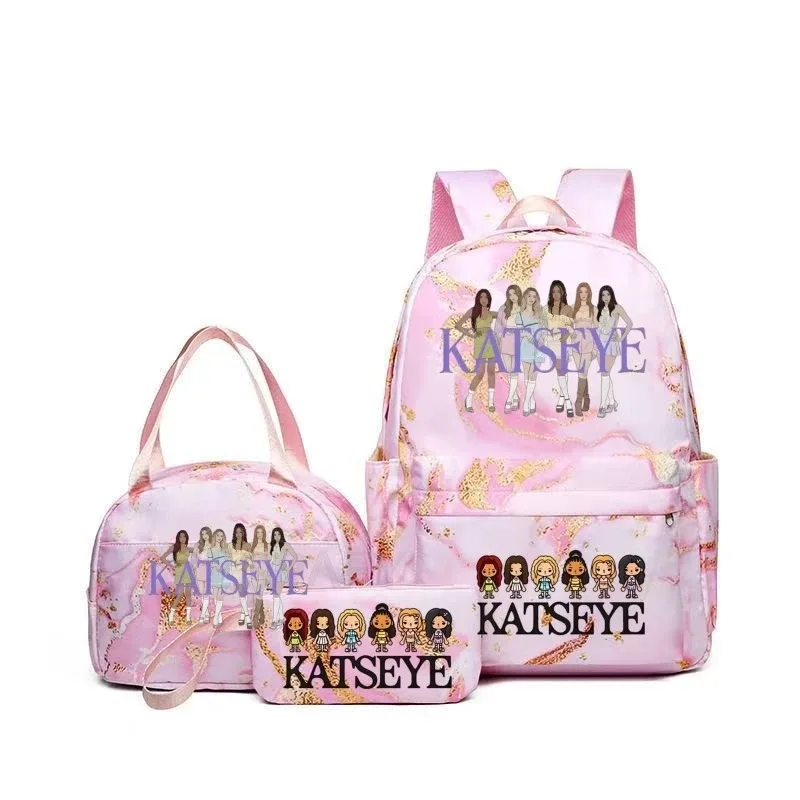 sacs à dos katseye à imprimé amusant avec sacs à lunch, multi-poches, camouflage, pour adolescents, sac à dos de voyage pour ordinateur portable, sac d'école pour femmes, mochila