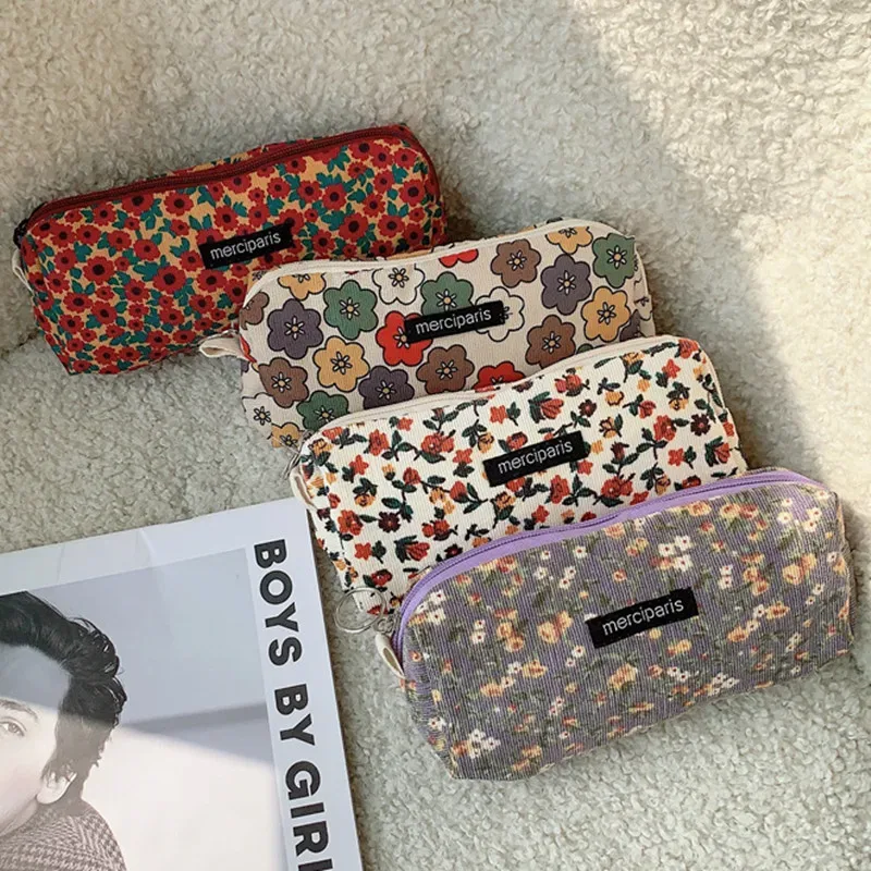 sac à main floral en velours côtelé pour femme, sac de rangement pour rouge à lèvres, sac à main kawaii, portefeuille de maquillage, trousse à crayons en poudre, sacs de voyage