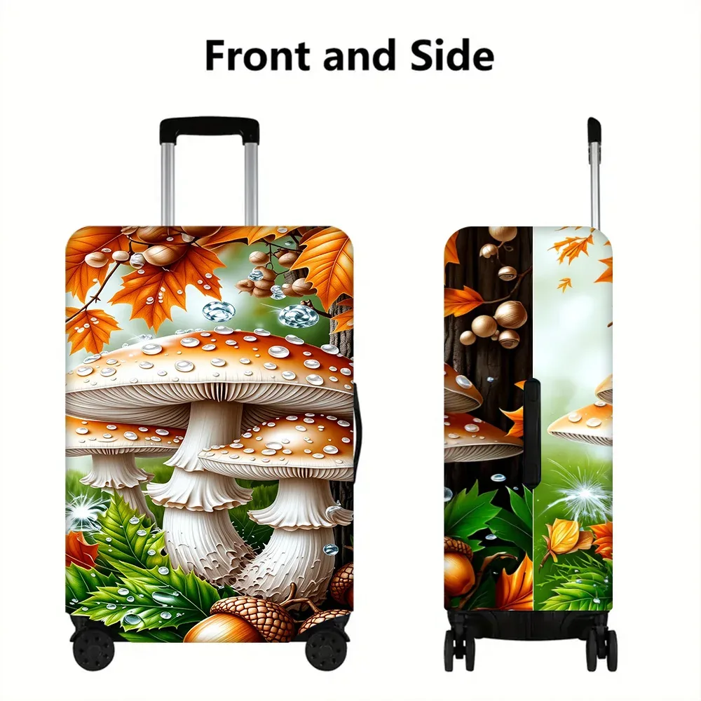 housse valise polyester motif champignons feuilles glands gouttes eau couleur principale vert orange beige protection voyage