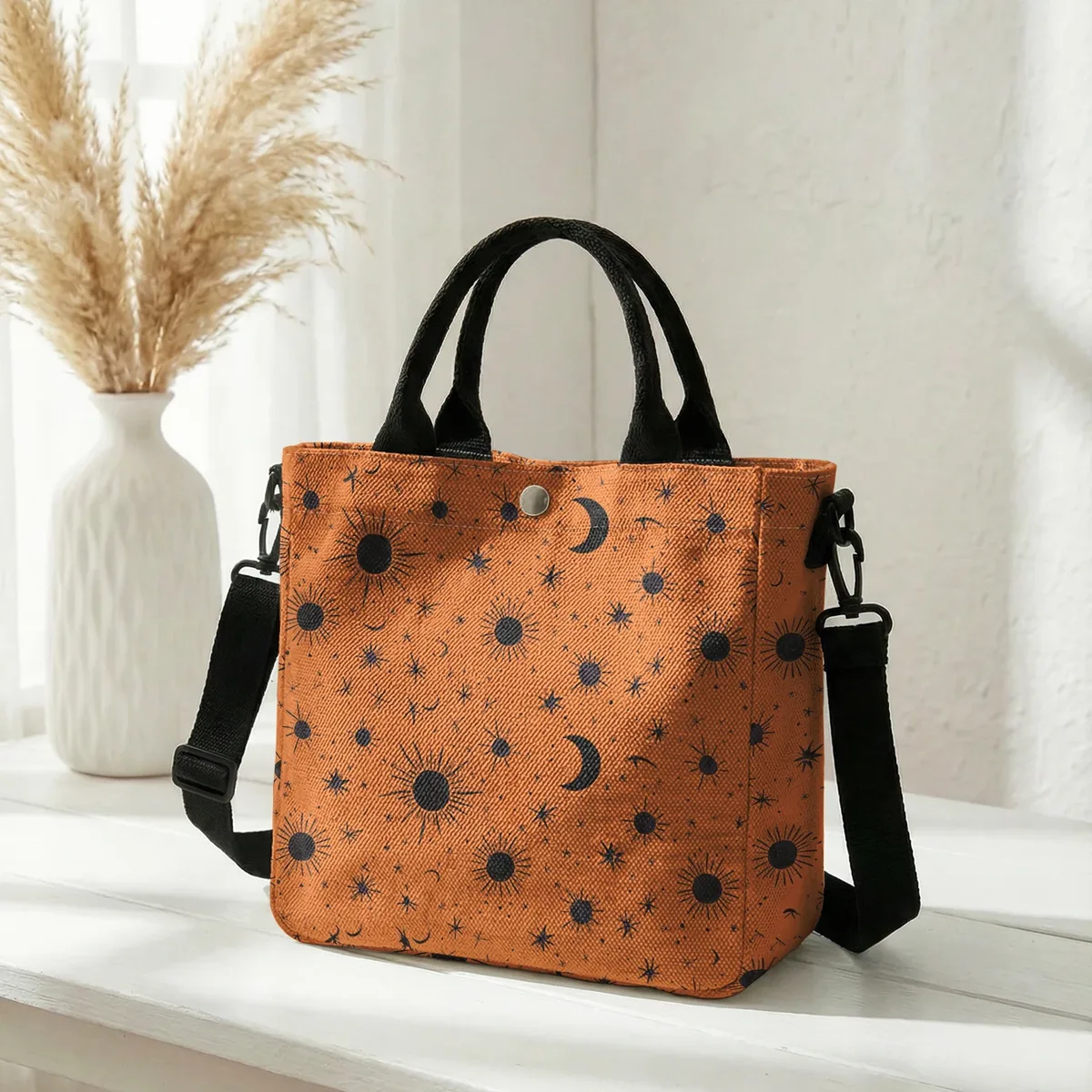 sac fourre-tout violet imprimé soleil, lune et étoiles, avec bandoulière amovible, sac à main pour femme, pour les courses quotidiennes