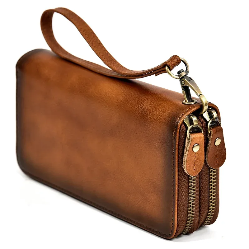 luufan-long sac à main en cuir de cheval vintage pour hommes et femmes, portefeuilles à double fermeture éclair pour carte de crédit, pochette pour homme