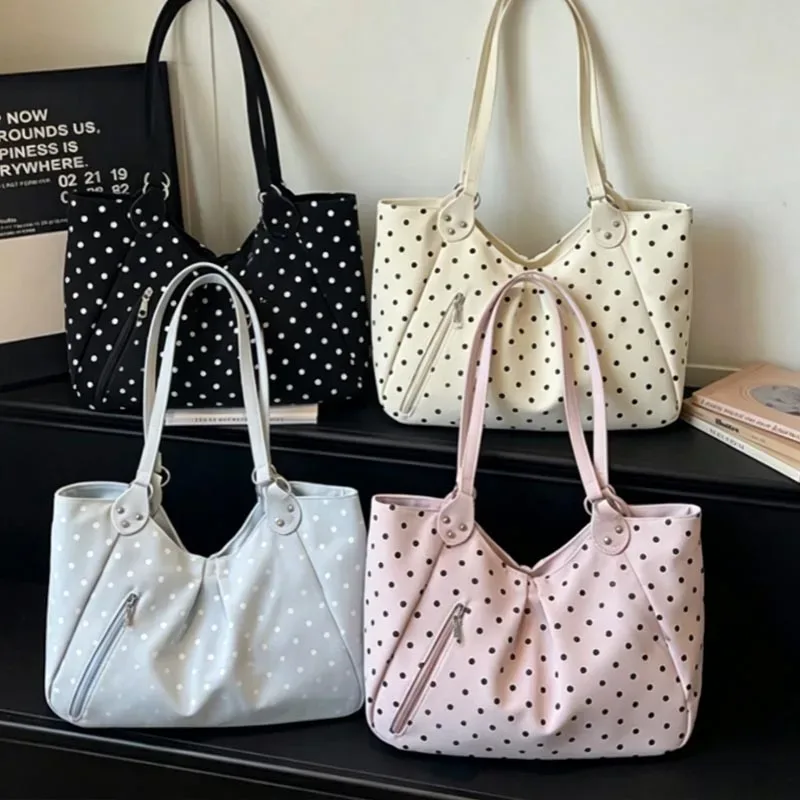 sac à bandoulière vintage grande capacité pour femme coréenne, motif pois, fourre-tout mignon avec fermeture éclair, sac à main décontracté pour l'école, le shopping et le travail