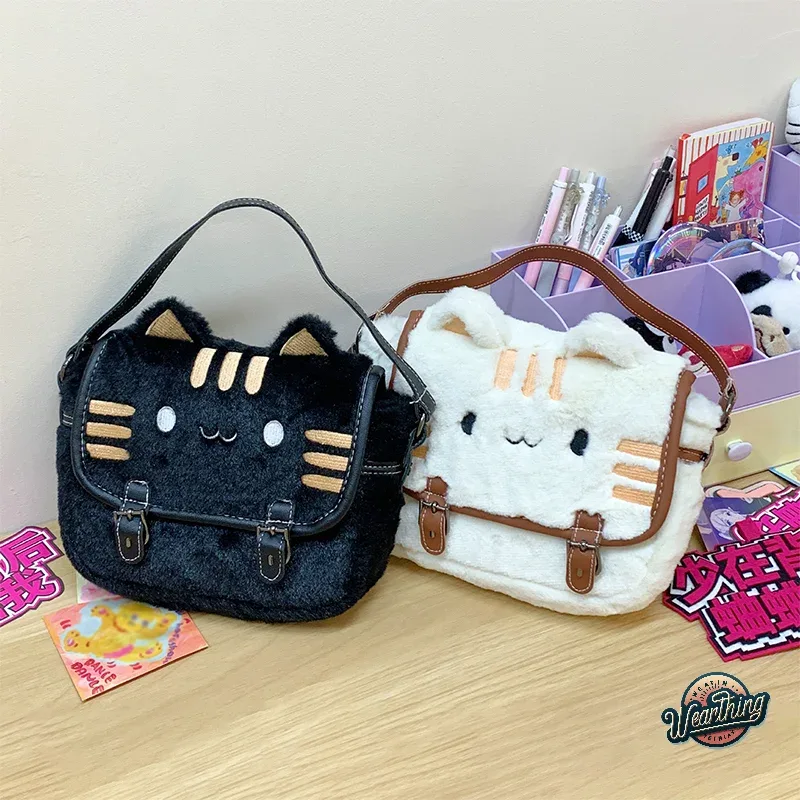sac messager en peluche pour femme, joli sac à main de dessin animé, visage de chat mignon, sacs à bandoulière initiés