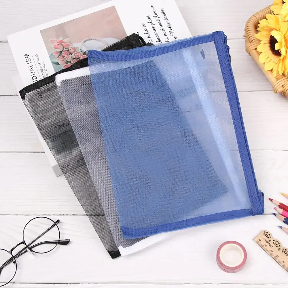 1 pièce trousse de rangement en nylon couleur unie, transparente à grille, avec fermeture éclair, pour papeterie, maquillage, monnaie, cosmétiques et stylos