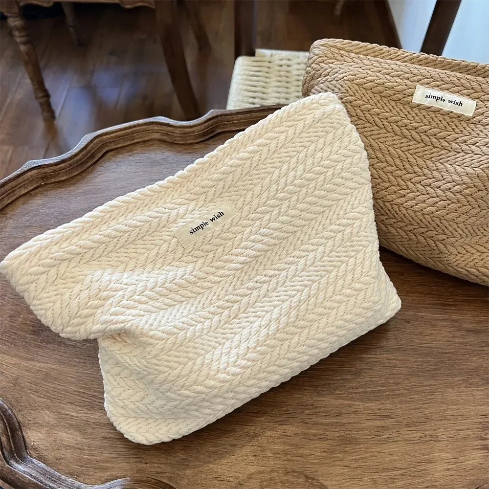nouvelle trousse à cosmétiques portable, trousse de maquillage à fermeture éclair, pochette en tissu tissé de grande capacité, sac de rangement de voyage de couleur unie