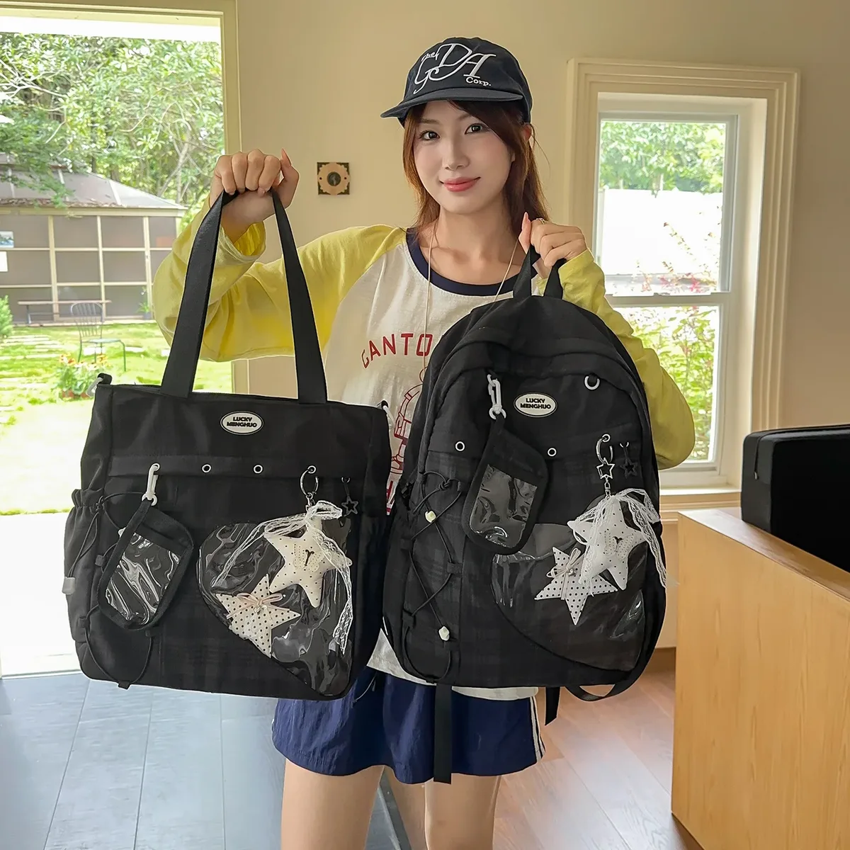 nouveau sac à dos étudiant grande capacité style japonais simple, sac de voyage en nylon imperméable imprimé étoiles, sac d'école