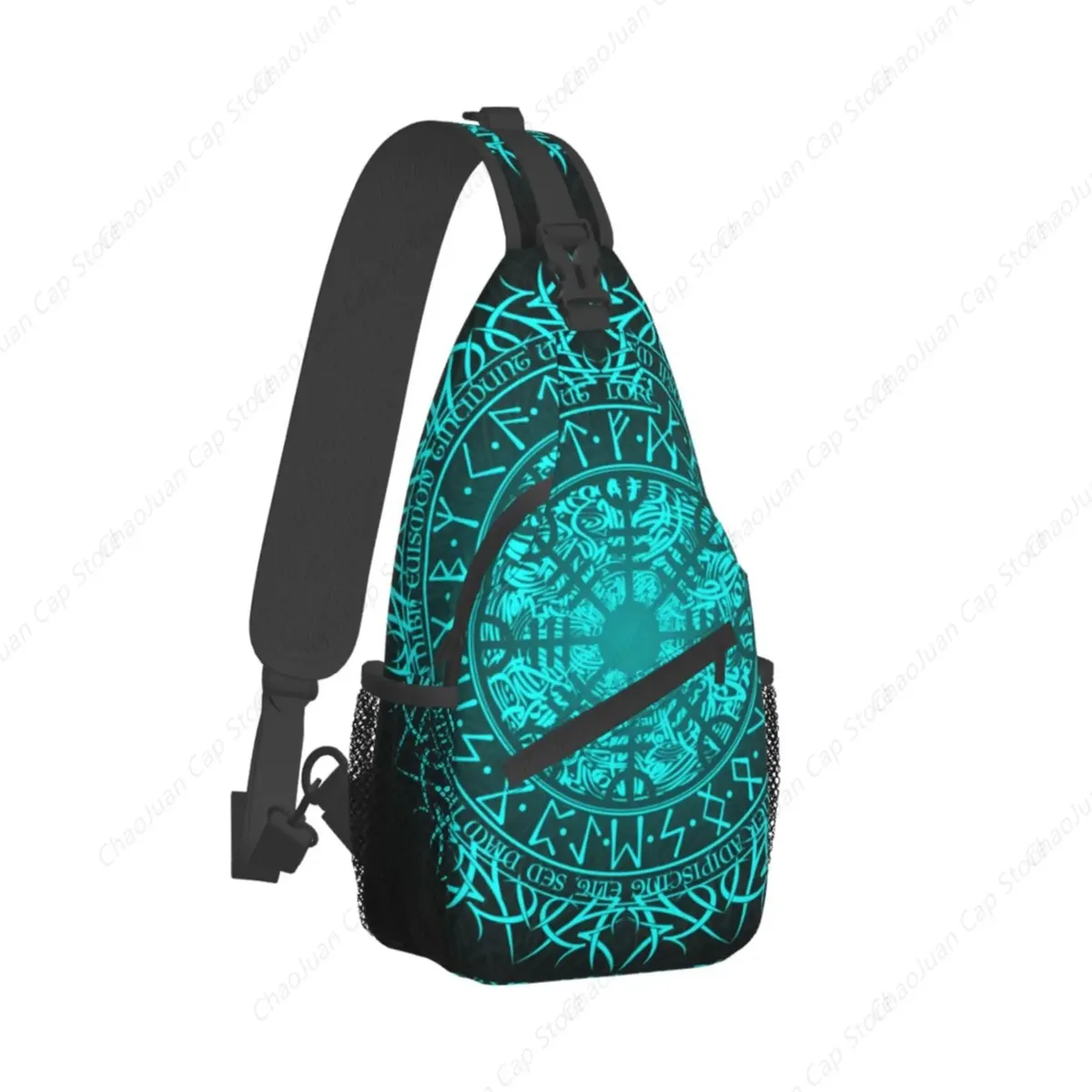 sac dos polyester motif ethnique bleu clair fond noir symboles lettrages stylisés poche principlale avant bandoulière fixation ajustable voyage sport trapézoïdale