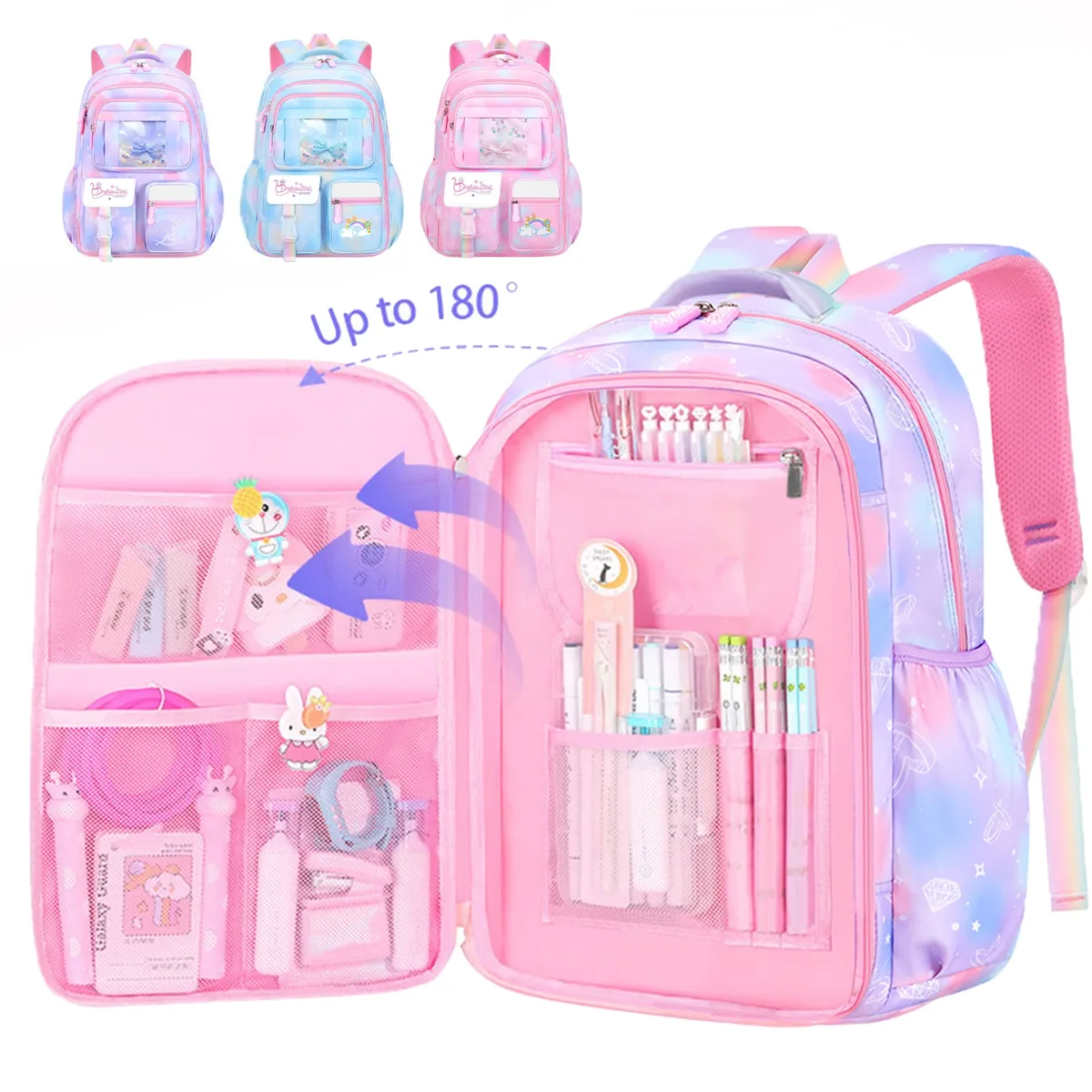 sac à dos d'école pour filles, 3 pièces, grande capacité, sac d'école pour enfants avec étui de transport pour crayons et déjeuner, sac à dos de voyage, cadeau pour enfant