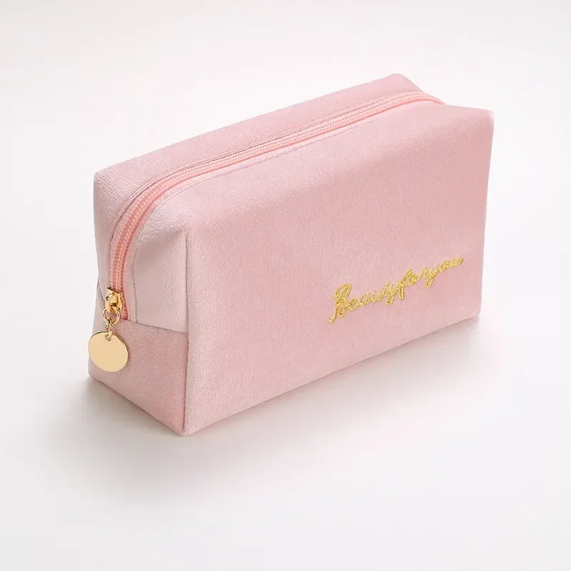trousse de maquillage en peluche, trousse à cosmétiques pour femmes, grande trousse de toilette de voyage de couleur unie à fermeture éclair, pochette de lavage de beauté