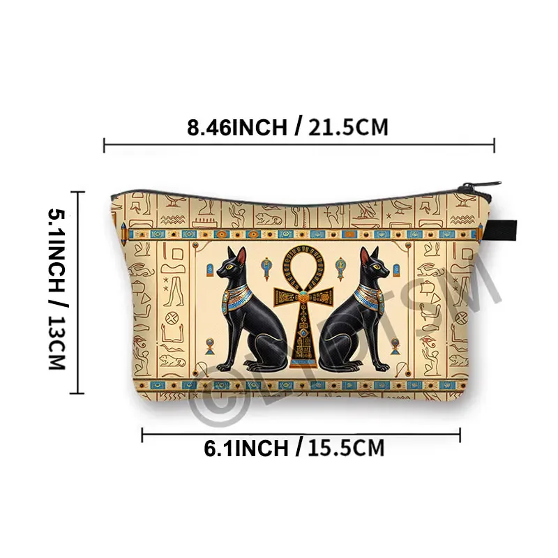 trousse à cosmétiques imprimée chat noir égyptien ancien, sac de maquillage pour femmes, hiéroglyphes égyptiens, croix ankh, rouge à lèvres, serviette, sacs de toilette