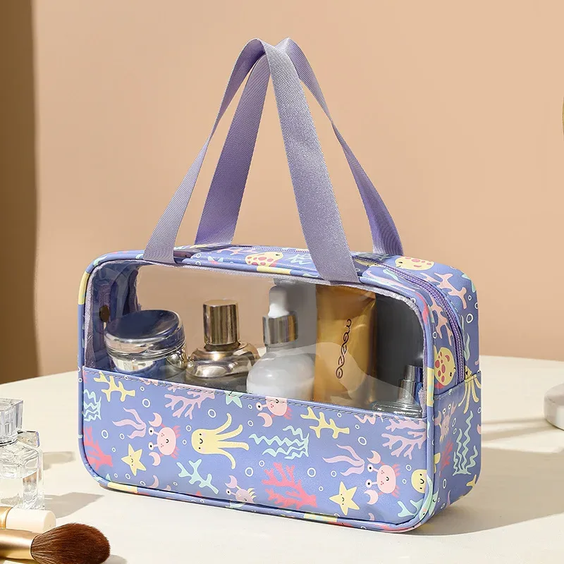 4 pièces sac de maquillage en pvc fleur imprimé sac à main de lavage transparent pochette cosmétique de voyage étanche trousse de toilette pratique porte-monnaie