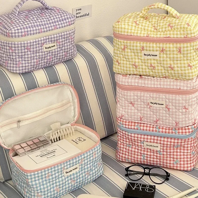 trousse de maquillage matelassée à carreaux avec nœud, grande capacité, pour pinceaux et soins de la peau, sac de voyage cosmétique