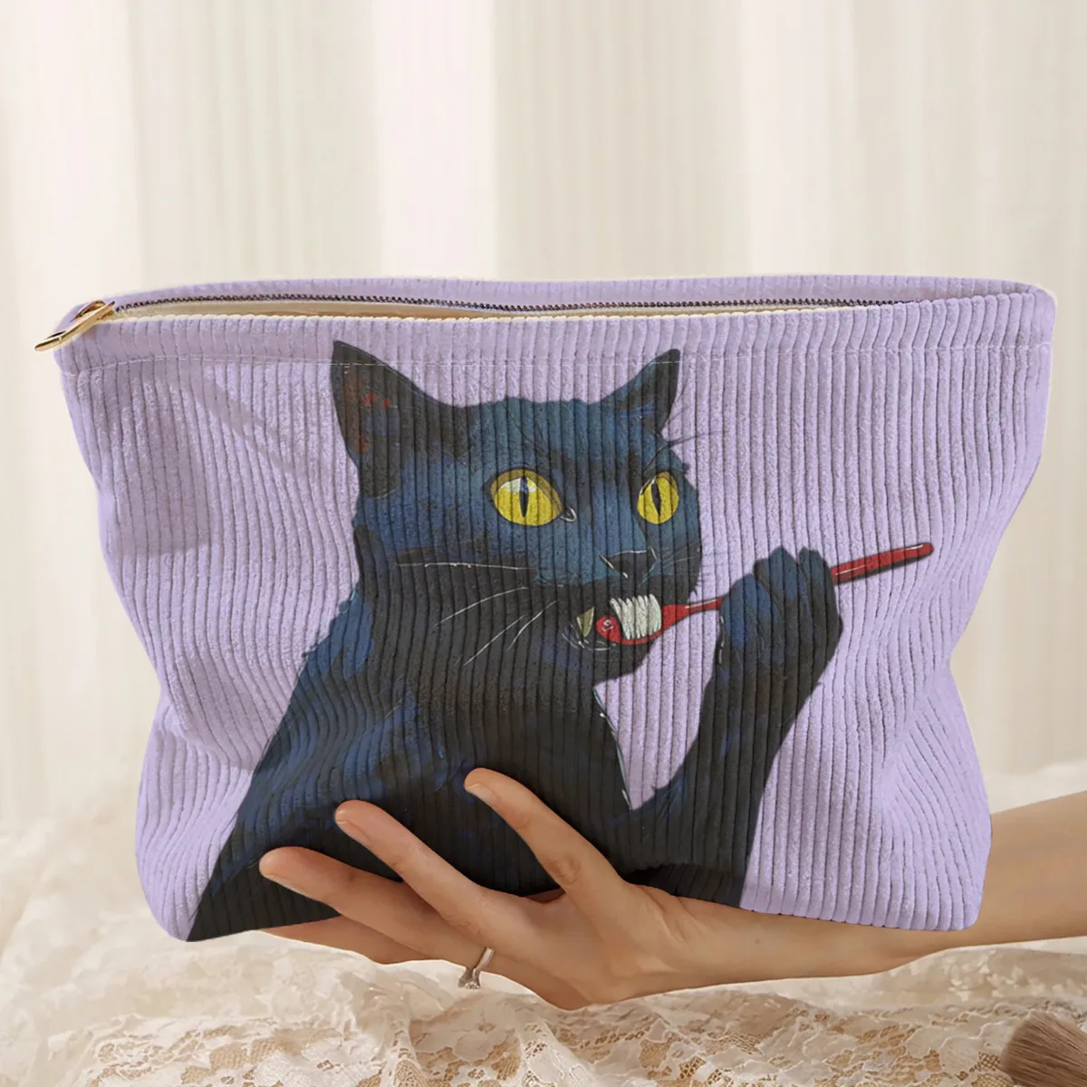 1 pièce, trousse de maquillage en velours côtelé à motif de chat noir, boîte de rangement légère à fermeture éclair, sac multifonctionnel avec doublure