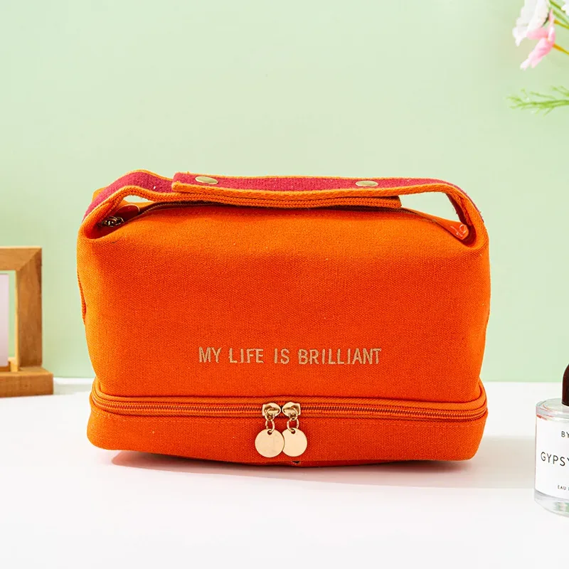 ins-sac à cosmétiques étanche double couche pour femme, fourre-tout de grande capacité, sac de voyage en toile portable, trousse de rangement pour maquillage, mode