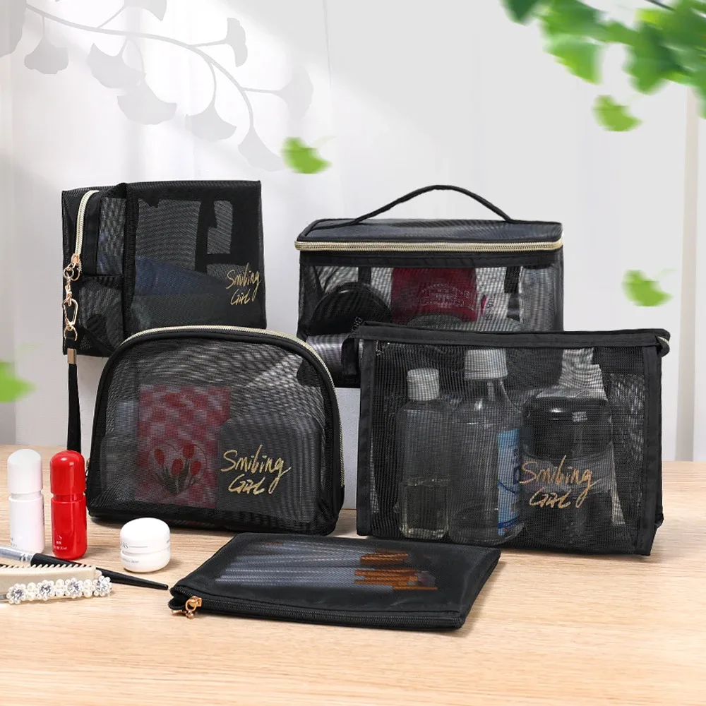 trousse de maquillage en maille noire de grande capacité, pochette de rangement, trousse de toilette décontractée à fermeture éclair, trousse de maquillage pour femmes, sac à cosmétiques de voyage