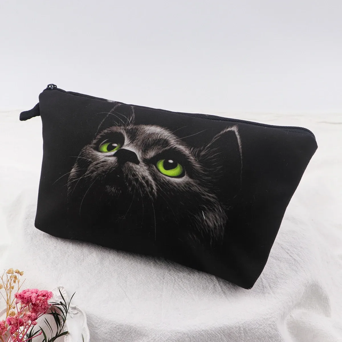 sac de rangement de voyage pour femmes, sac à cosmétiques, trousse de maquillage, trousse de maquillage, trousse de rouge à lèvres à fermeture éclair imprimée, chat mignon