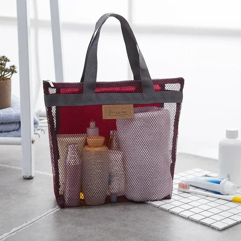 sacs de rangement de maquillage et de toilette en maille, sacs à main portables de voyage plage lavage outils de douche organisateur fourre-tout pochette de rangement de cosmétiques