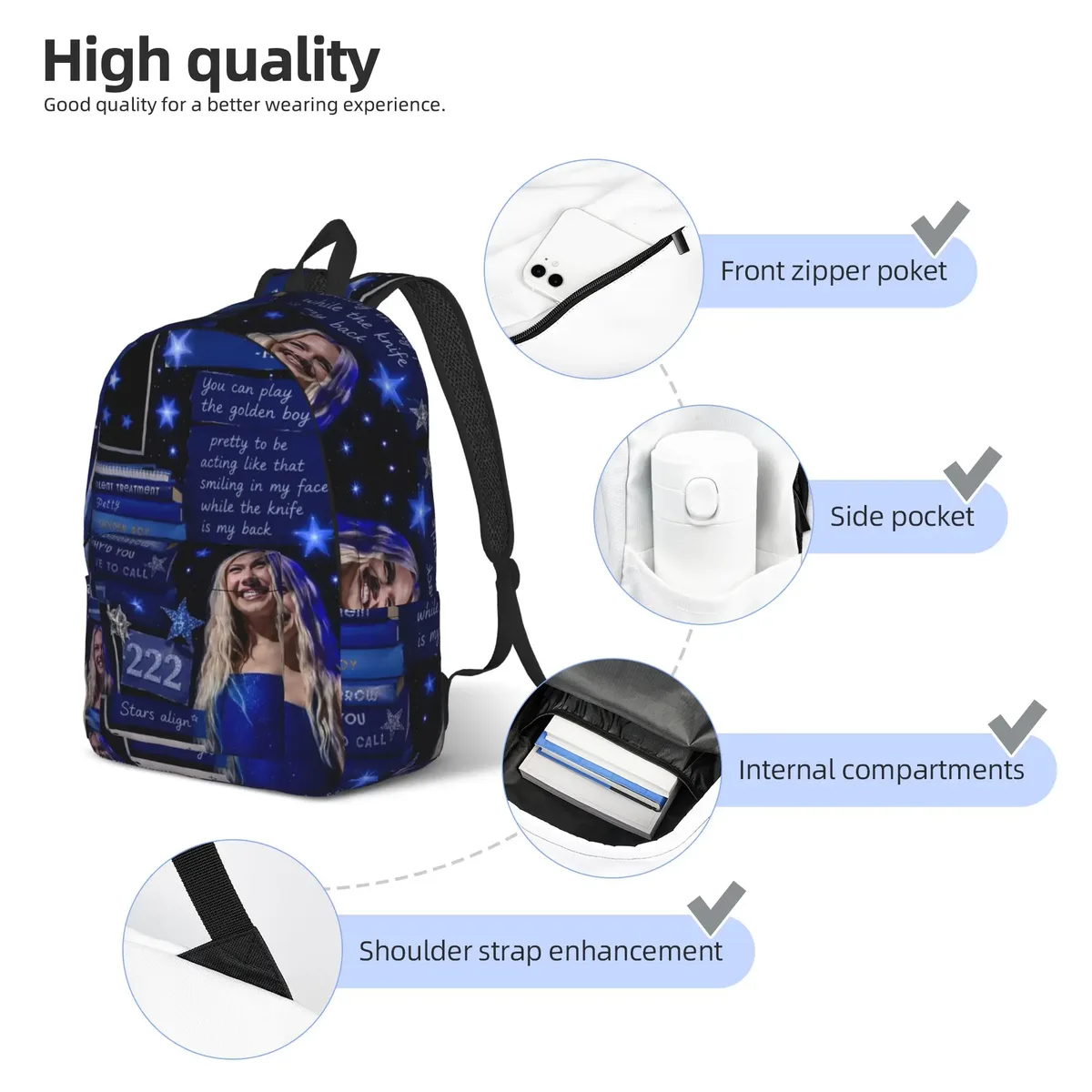 sac à dos freya skye avec patchwork photo et texte bleu, sacs à dos modernes pour garçons, sacs de randonnée souples, sacs d'école secondaire, sac à dos de créateur