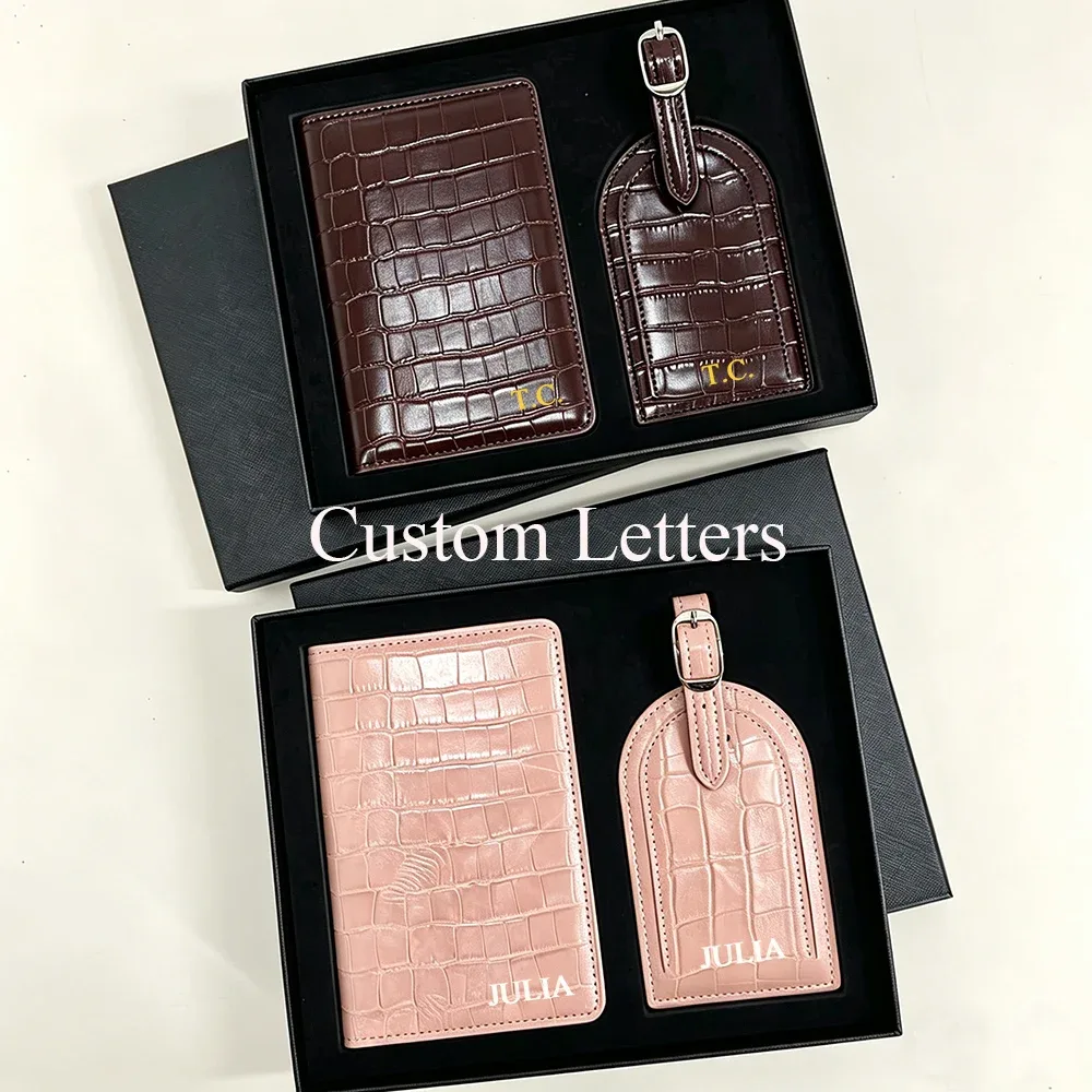 étiquette bagage plastique similicuir motif crocodile rose marron voyage business cadeau personalisation boîte présent